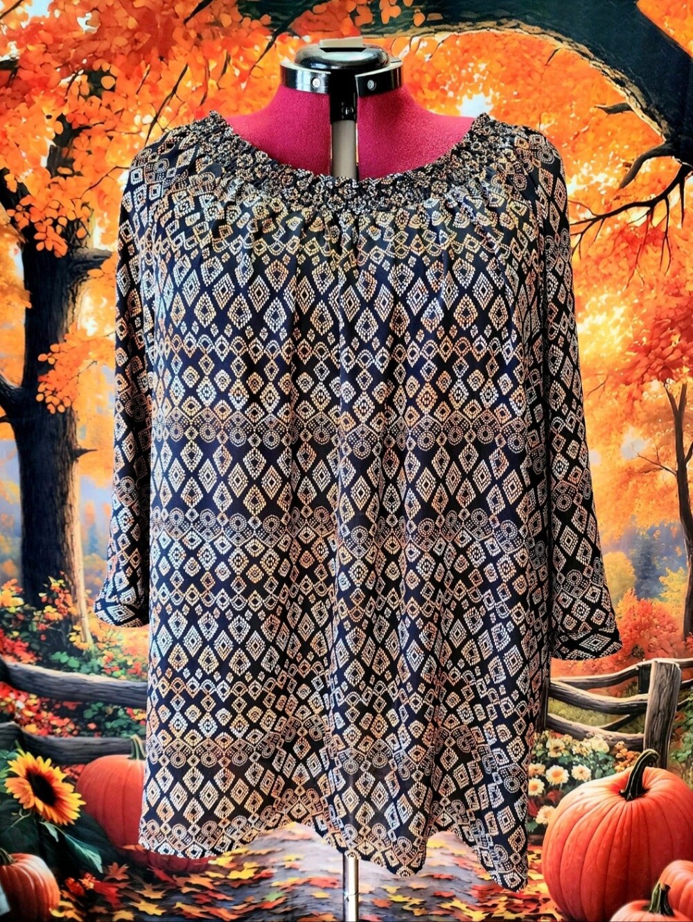 🖤🍂 CATHERINES Plus-size Bohemian Geometric Diamond Smocked Peasant Top 3X